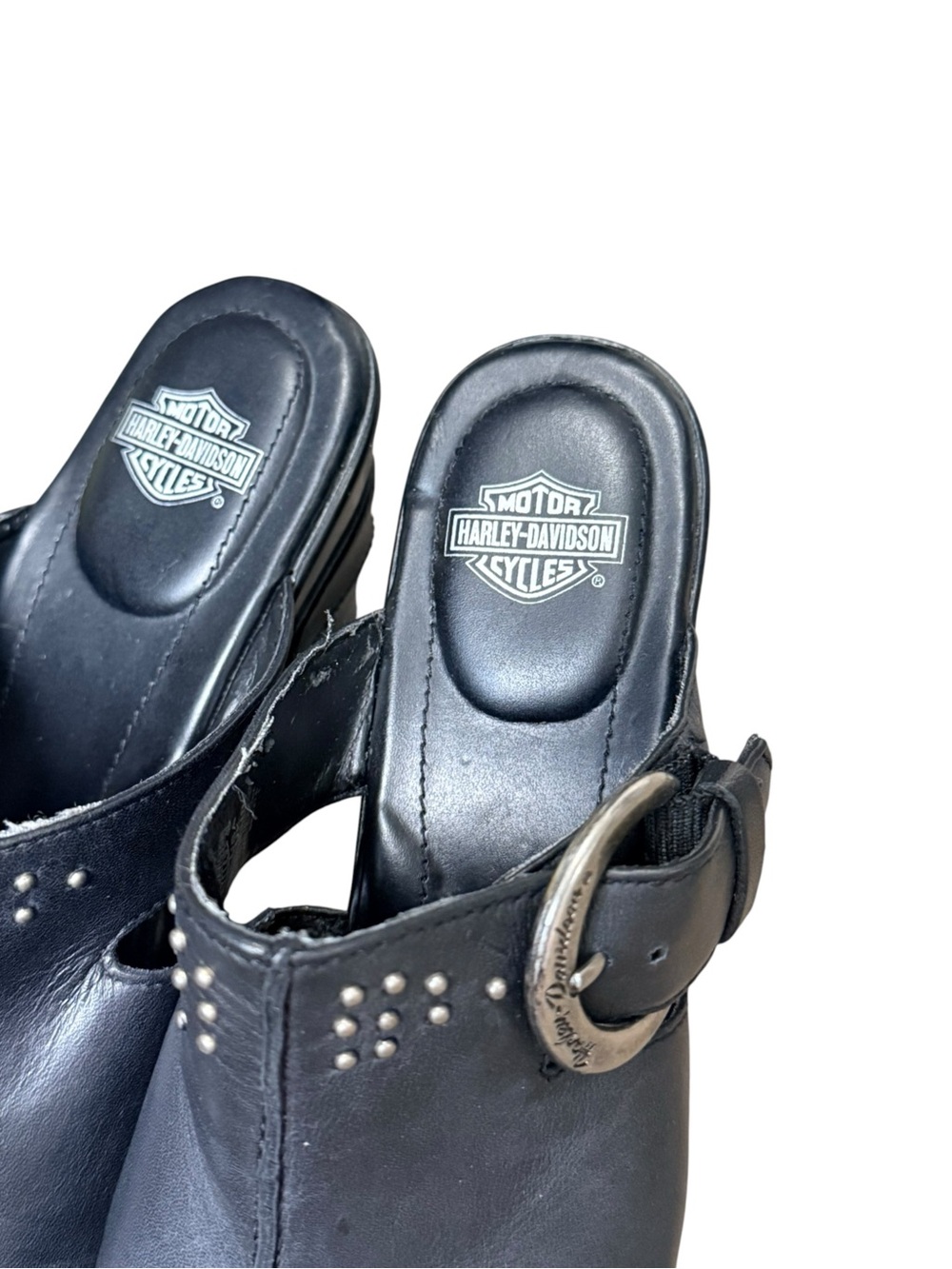 Harley-Davidson Leather Wedge Mule Clogs Black Studded Buckle Women’s 7 - Picture 7 of 13